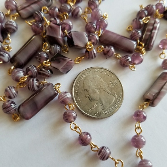Relisted-Vintage Vintage lavender flapper bead necklace long gold - Picture 6 of 7